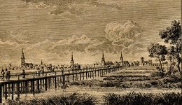 Holzbrücke über die Elbe bei Hamburg, Kupferstich von Heinrich Grape, ca. 1829