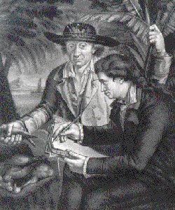 Johann Georg Forster mit seinem Vater Johann Reinhold Forster (1729 - 1798) während der 2. Cookschen Weltumsegelung bei naturkundlichen Forschungen auf Neuseeland (Kupferstich, 1780)